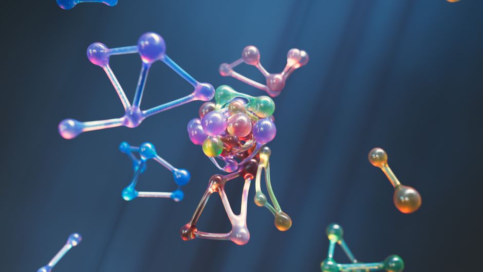 Representación abstracta colorida de estructuras moleculares con esferas 3D y conexiones.