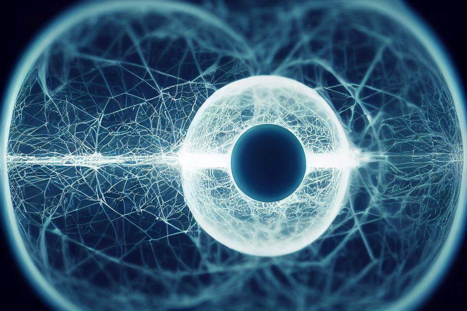 Una imagen abstracta renderizada digitalmente que muestra un ojo futurista con patrones de red complejos.