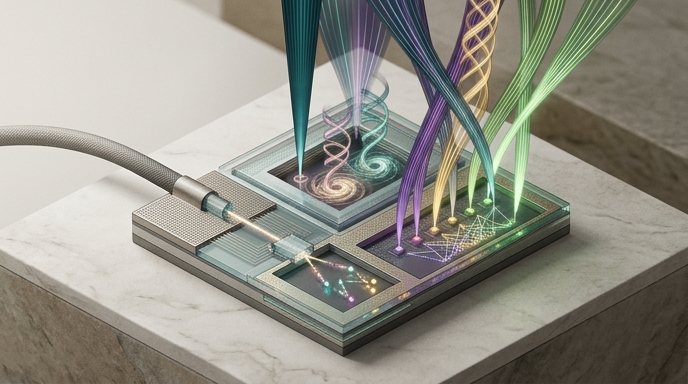 Chip fotónico integrado que combina tres avances: fuente de fibra, vórtices de luz y cinco puntos cuánticos emisores.