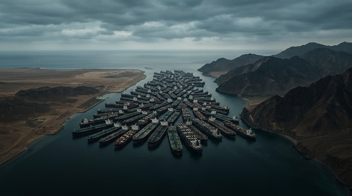 Un bloqueo naval de barcos en un estrecho marino bajo un cielo tormentoso.