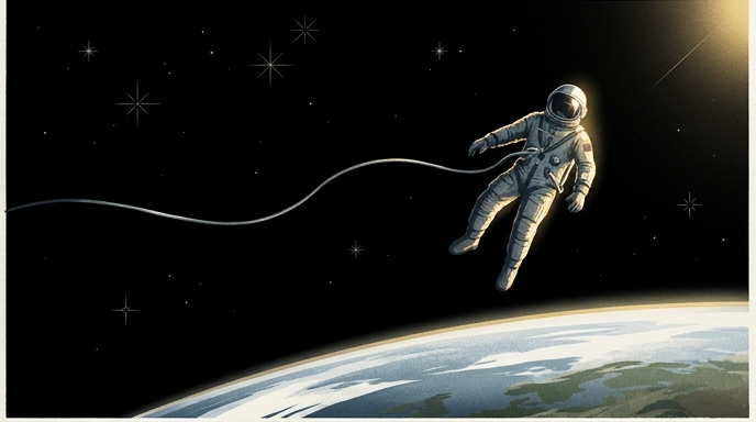 Ilustración de estilo vintage que muestra a un cosmonauta flotando en el espacio sobre la Tierra con una correa de seguridad.