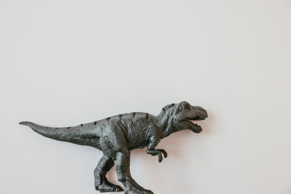 Juguete de dinosaurio T-Rex de plástico sobre un fondo blanco liso, vista lateral.