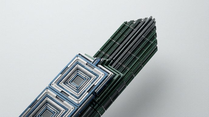 Alt text: Una escultura abstracta de metal azul y verde que representa la uni贸n de tecnolog铆as de Intel y Nvidia.