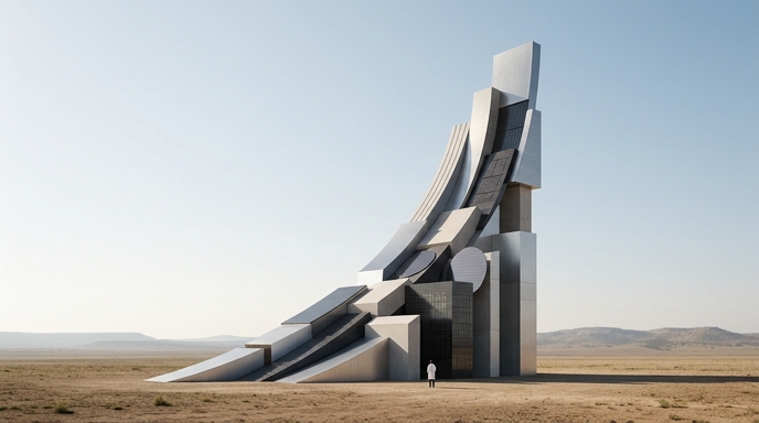 Una estructura arquitectónica monumental y abstracta en forma de gráfico ascendente se eleva en un vasto desierto de Texas.