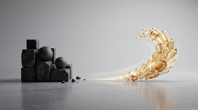 Inversión en IA: Bloques negros estáticos vs. cristales dorados dinámicos que simbolizan el giro del mercado de OpenAI a Anthropic.