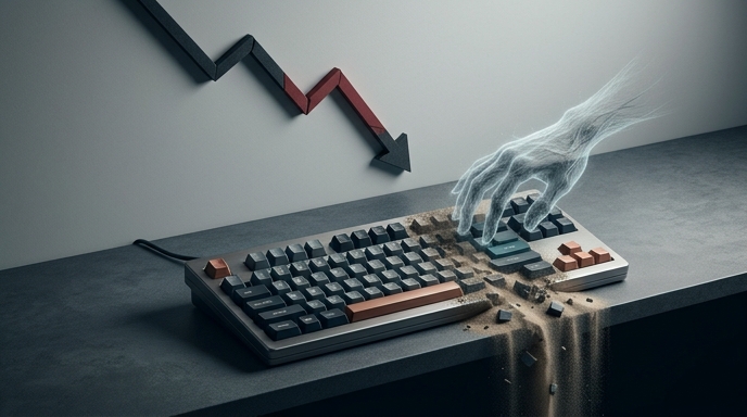 Gráfico de tendencia bajista y una mano fantasmal desintegrando un teclado, simbolizando el impacto de la IA.