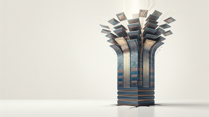 Un torrente vertical de microchips apilados en azul y cobre sobre un fondo minimalista.