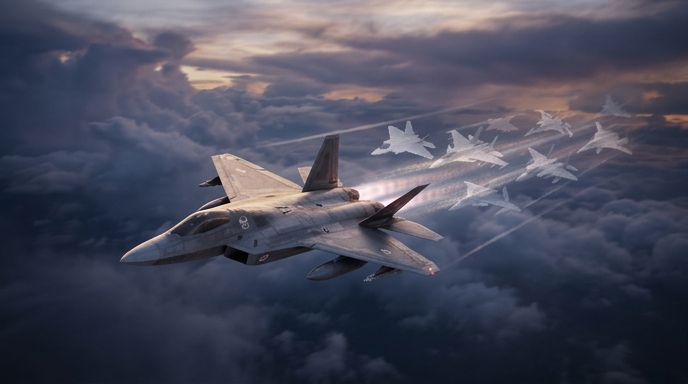 Un avión de combate F-22 lidera un rastro de cazas fantasmas a través de nubes oscuras y dramáticas.