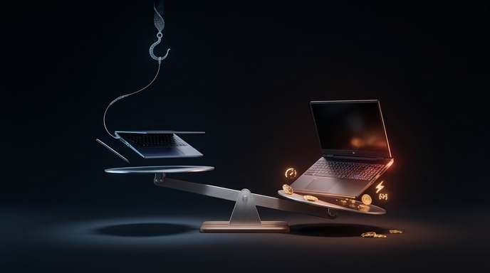 Dos portátiles para juegos en una balanza conceptual: uno ligero con un gancho y un lápiz óptico, y el otro pesado con monedas y símbolos de rendimiento.