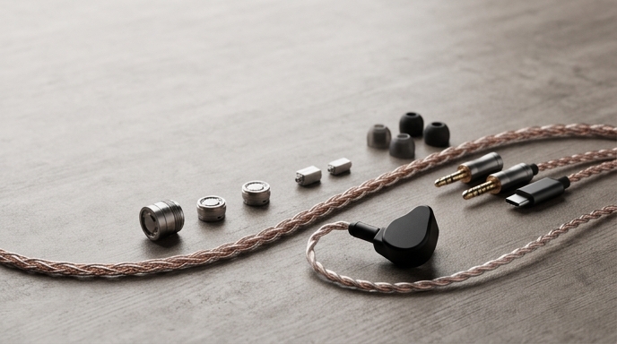 Auriculares Activo Scoop con sus componentes internos, cable trenzado y conectores intercambiables.