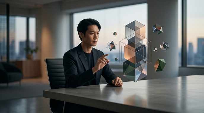 Un profesional en una oficina moderna interactuando con estructuras geométricas flotantes que representan datos y agentes de IA.
