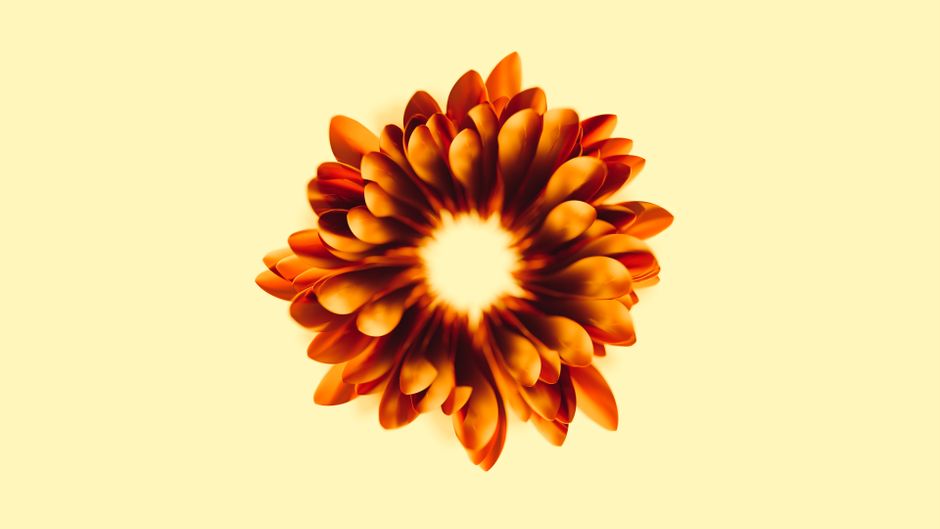 Una flor abstracta renderizada digitalmente con pétalos naranjas vibrantes en un fondo amarillo pálido.