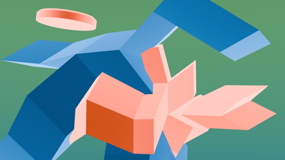 Las formas abstractas coloridas crean una ilustración geométrica dinámica en tonos azules y naranjas.