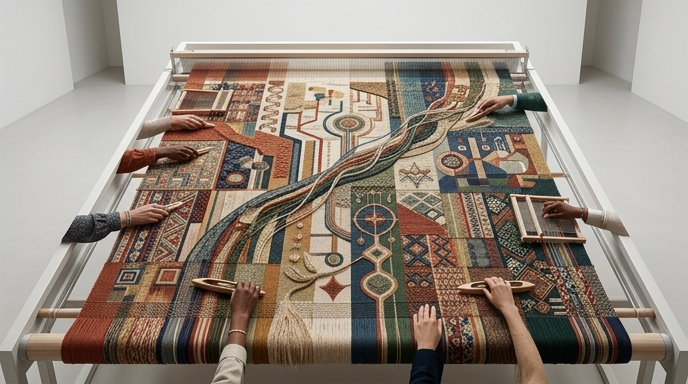 Un tapiz moderno tejido a mano por múltiples manos que representan la colaboración global y el código abierto.