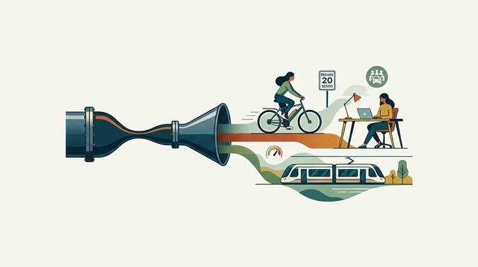 Ilustración de un embudo del que salen alternativas como una bicicleta, teletrabajo y un tren, para reducir el petróleo.