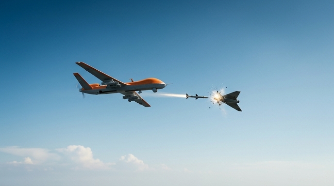 Un dron interceptor naranja derriba a otro dron con un misil en un cielo azul despejado.