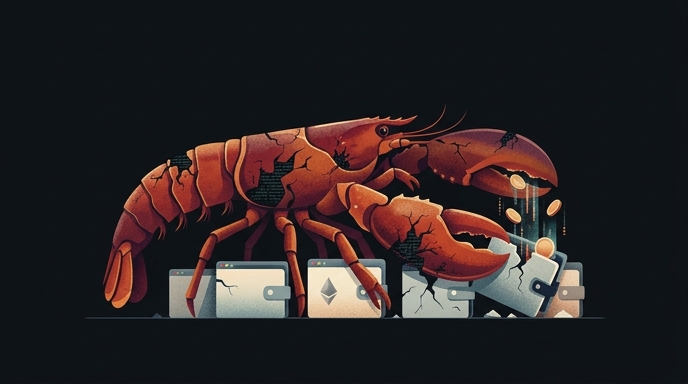 Un bogavante rojo simbólico de OpenClaw rompe carteras digitales, extrayendo criptomonedas con sus pinzas.