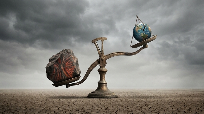 Una balanza antigua y desequilibrada en un paisaje desértico, donde una roca ardiente inclina el peso frente a una Tierra frágil.