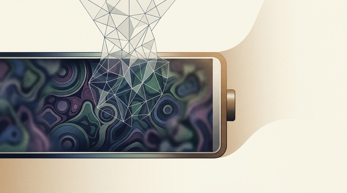 Ilustración editorial de un modelo cuántico preciso resolviendo la degradación del material del cátodo en una batería.