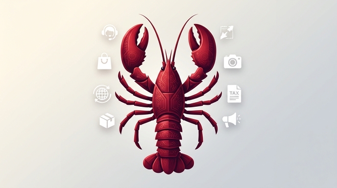 Un bogavante rojo simbólico rodeado de iconos que representan tareas empresariales automatizadas por IA.