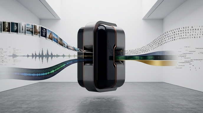 Un dispositivo central minimalista procesando flujos visuales, sonoros y de código en un entorno de diseño moderno.