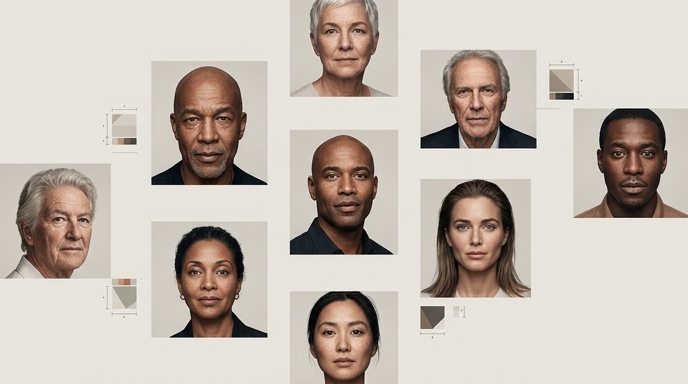 **
Un panel editorial muestra diversos retratos fotorrealistas con controles gráficos de paleta de colores, ilustrando la IA de Alibaba.