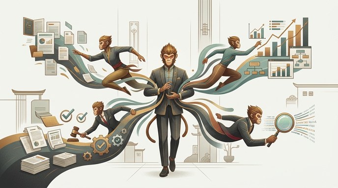 Ilustración de un traje de Wukong central dirigiendo clones que realizan análisis de datos, revisión legal y tareas administrativas.