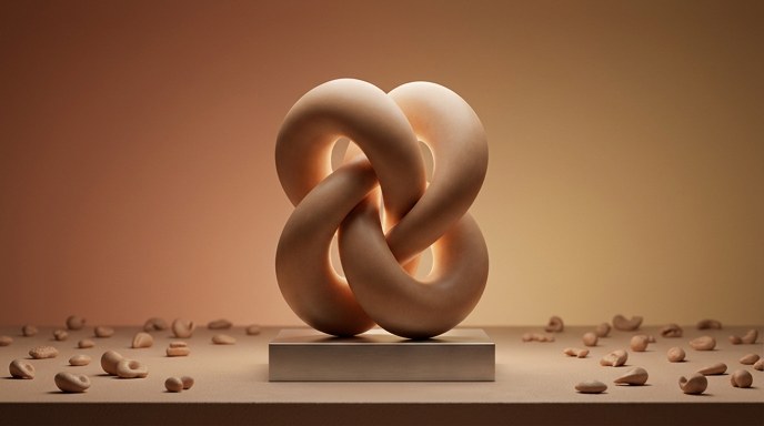 Escultura abstracta entrelazada de dos formas idénticas, representando un complejo proteico homodímero.