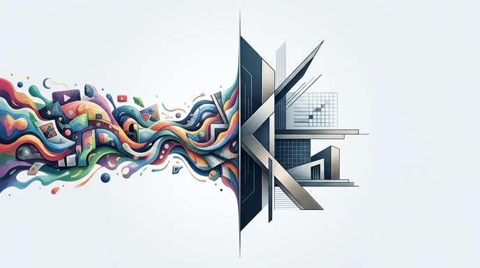 Un flujo dinámico y colorido de video se detiene bruscamente y se transforma en estructuras geométricas precisas y minimalistas.