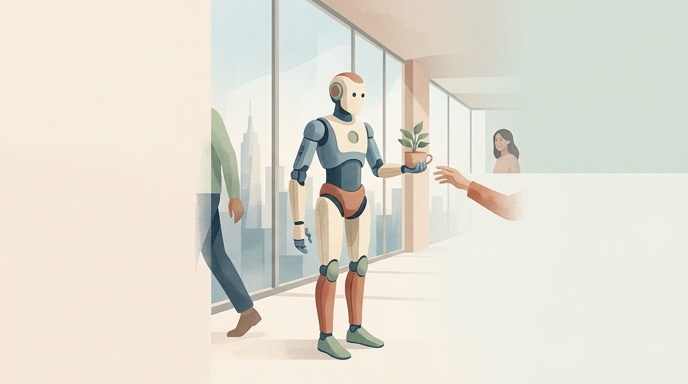 Ilustración editorial de un robot humanoide interactuando de forma segura con humanos en una oficina soleada de Nueva York.