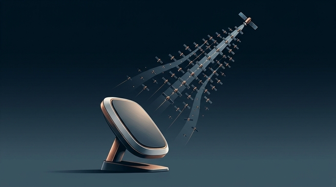 Terminal de satélite enviando constelación orbital sobre fondo oscuro.