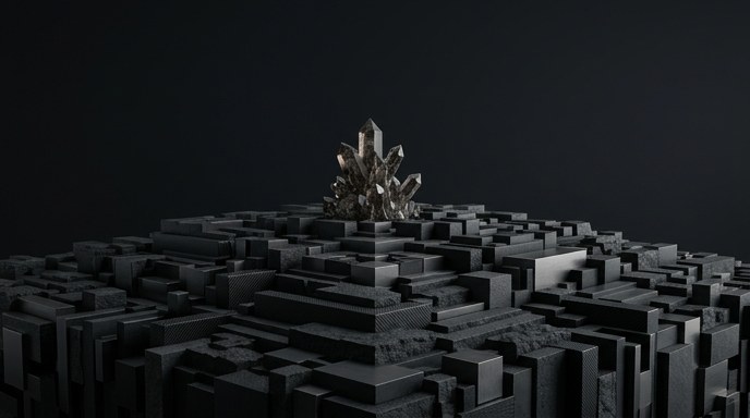 Un monolito de bloques de datos oscuros sobre un fondo negro con un cristal negro en el centro.