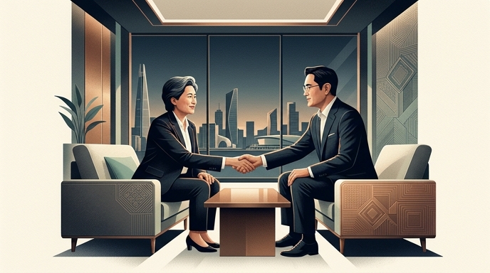 Lisa Su, CEO de AMD, y un ejecutivo de Samsung se dan la mano en una oficina elegante frente al horizonte de Seúl, simbolizando su asociación.