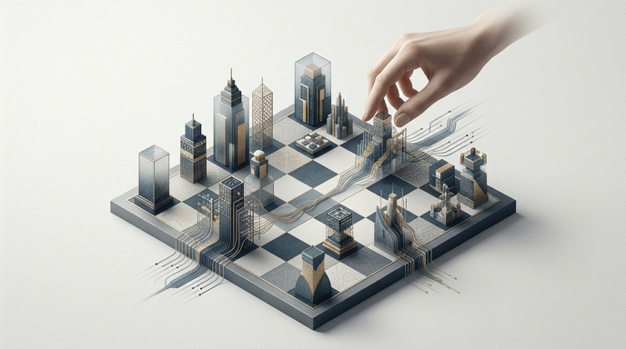 Un tablero de ajedrez futurista con edificios de datos y una mano humana, simbolizando estrategia e IA.