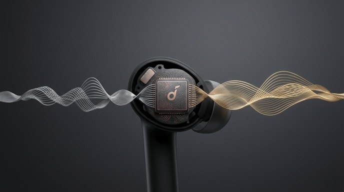Unos auriculares Soundcore Liberty con un chip central procesando y mejorando una onda de sonido.