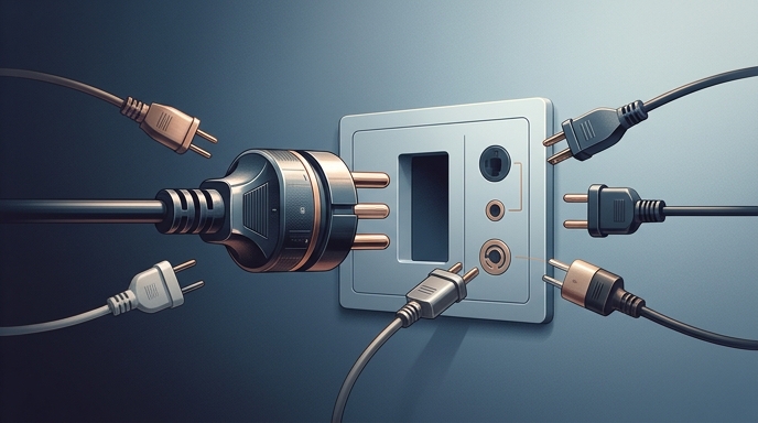 Un enchufe grande desconectado de una toma de corriente, rodeado de varios enchufes más pequeños que compiten por conectarse.