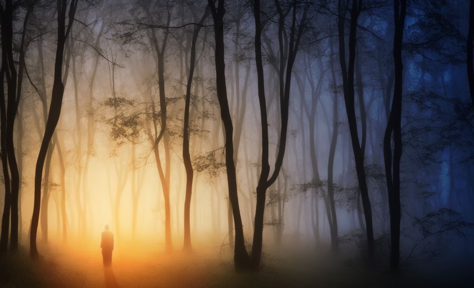 Una figura solitaria silueteada contra un bosque místico al atardecer, envuelta en una niebla soñadora y luz cálida.