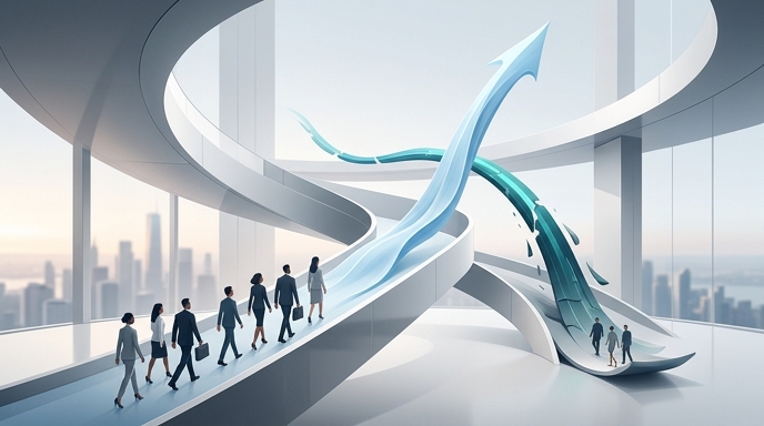 Ilustración minimalista en oficina: un flujo azul brillante asciende, superando a uno cian-verde que cae y se fragmenta. Representa el auge de Anthropic en IA corporativa.