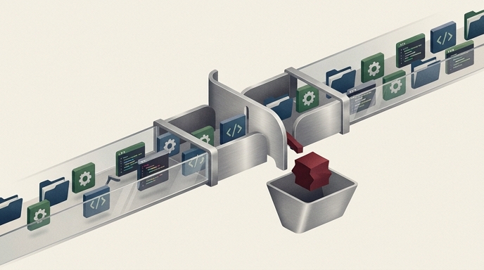 Ilustración isométrica de una cinta transportadora que separa iconos de código seguros de un bloque rojo y puntiagudo.