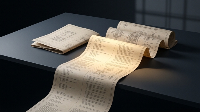 Unos documentos de papel tipo pergamino con códigos y diagramas técnicos se extienden sobre una mesa oscura.