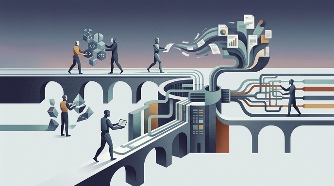 Ilustración de agentes autónomos realizando tareas sincronizadas en una plataforma unificada.