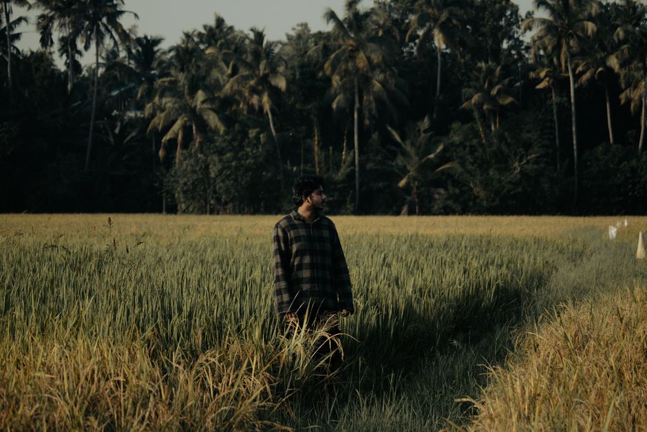 Hombre En Un Campo Entre Palmeras
