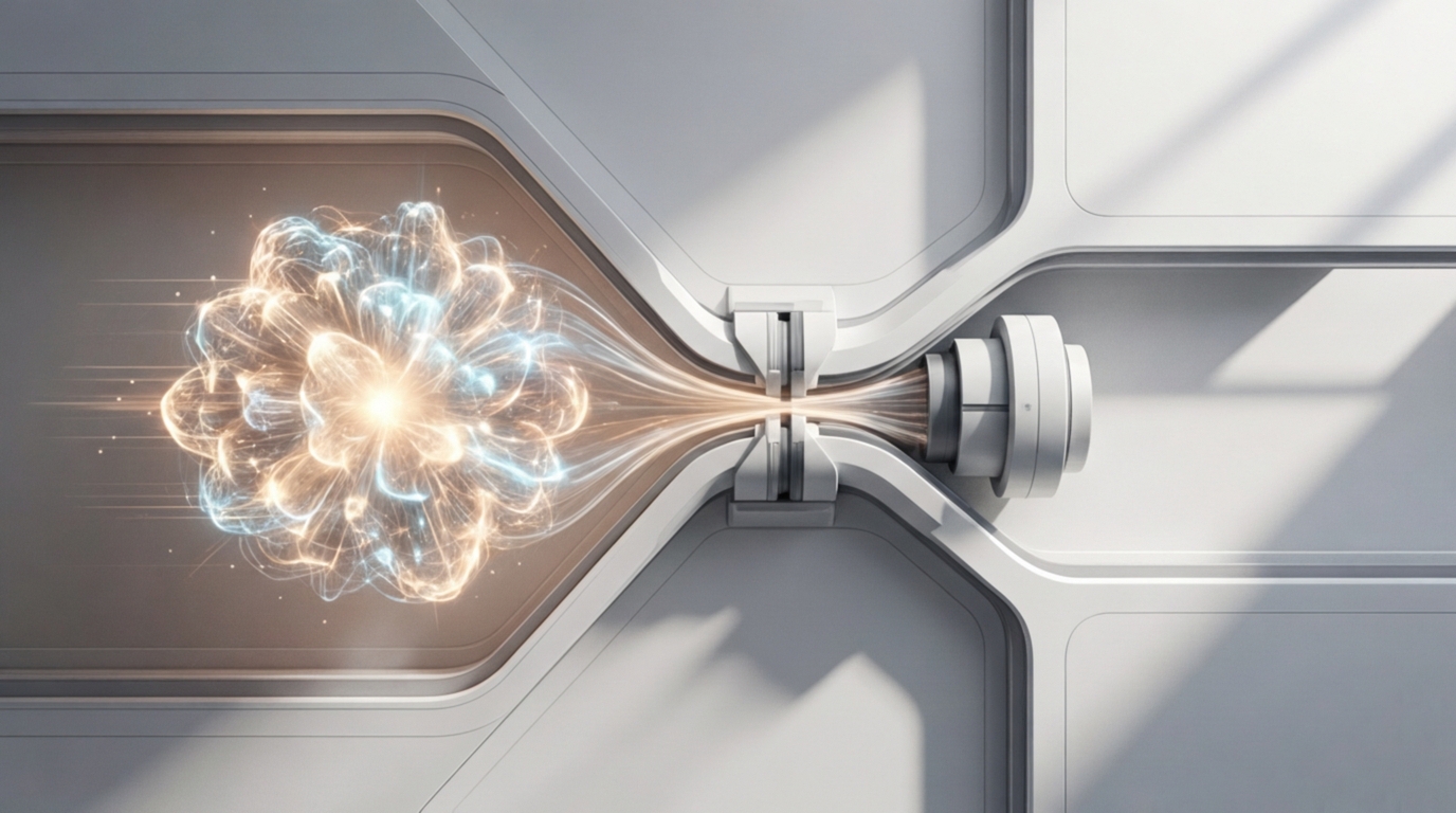 Ilustración de una esfera de luz y energía apretada y estrechada a través de un canal estrecho, simbolizando límites.