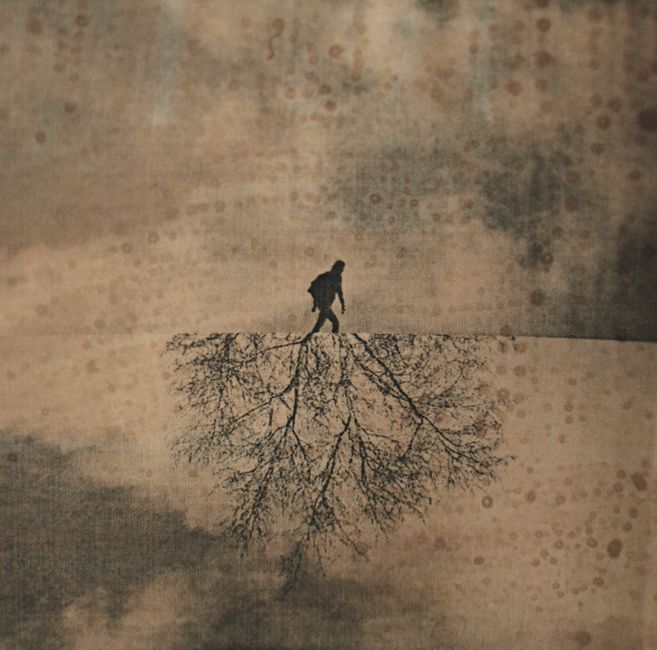 Silueta artística de una persona caminando por un camino reflejada como un árbol desnudo.