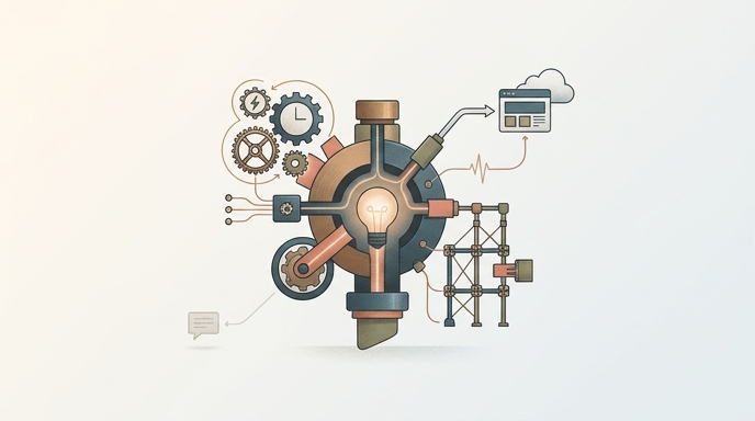 Ilustración de un mecanismo central con engranajes, un reloj y un navegador web, representando un sistema de IA autónomo y persistente.