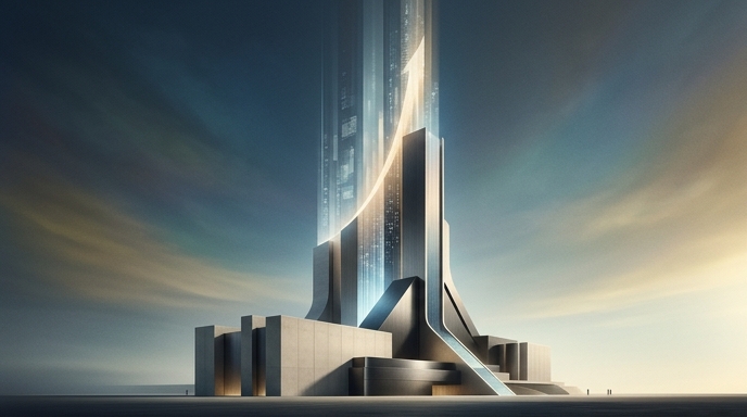 Una ilustración editorial de una estructura monumental arquitectónica que representa la aceleración financiera masiva y la infraestructura de computación de Anthropic.