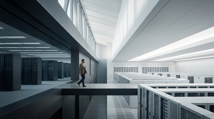 Un hombre camina por una pasarela en un enorme centro de datos, dejando una sección oscura hacia otra luminosa y moderna.