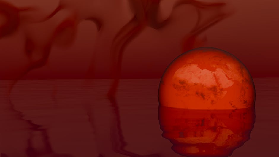 La esfera roja abstracta sobre una superficie reflectante emite un ambiente melancólico y misterioso.