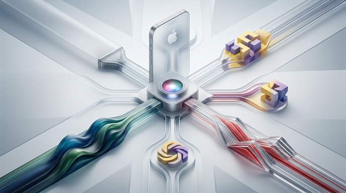 Ilustración editorial minimalista que muestra la apertura de Siri a múltiples servicios de IA externos.