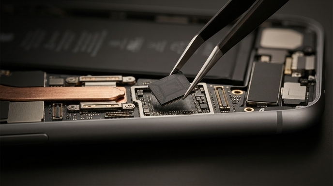 Primer plano de pinzas colocando un chip de memoria dentro de un smartphone.